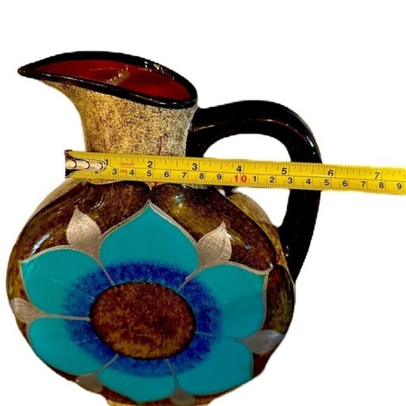 Mexican Cabo San Lucas Clay Pottery Floral Turquoise Pattern Pitcher By Domingo - Picture 10 of 12